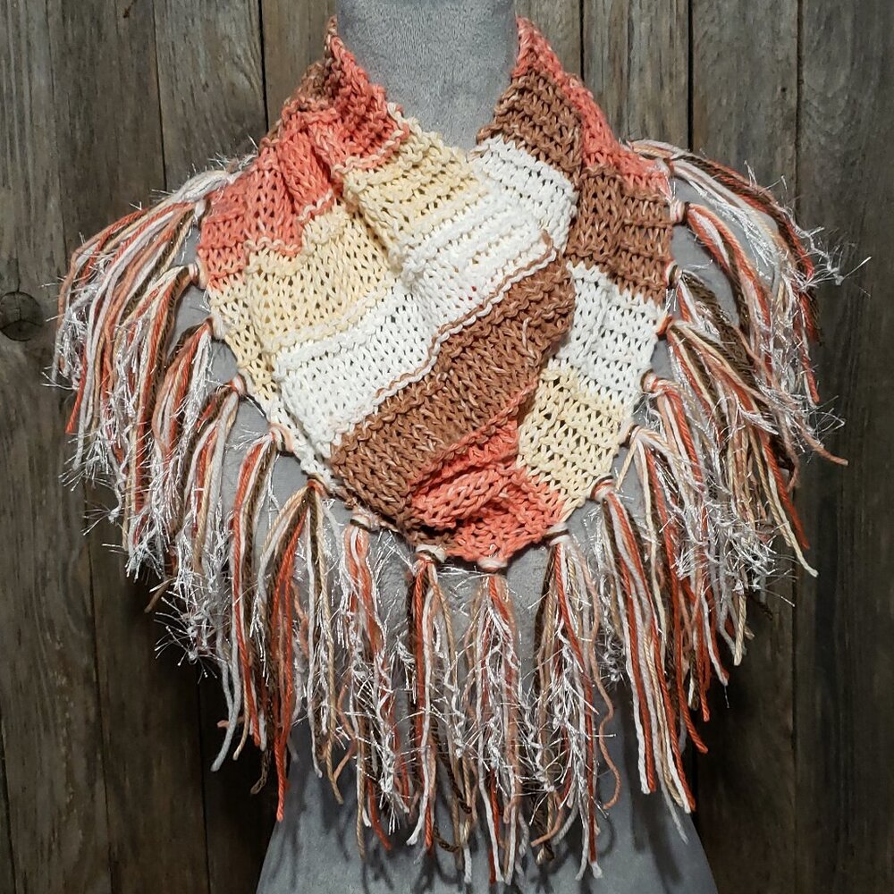 NEW Hand Knitted Coral Brown Infinity Boho Cowl Scarf Fringe Knit Womens Cottage